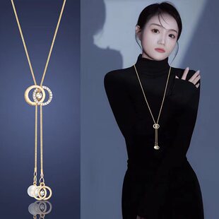 Sweater chain Women's diamond long light luxury niche high-grade high-looking new popular double ring hiphop necklace
