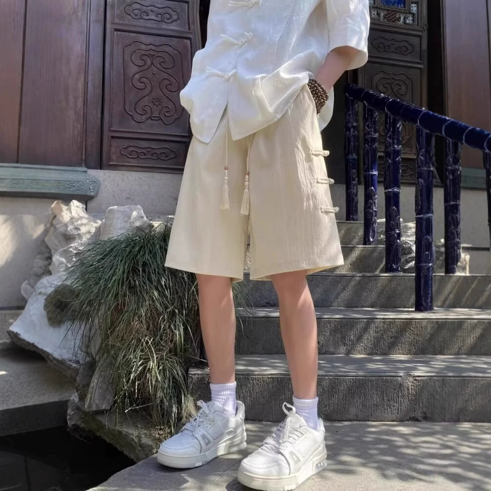 Новые мужские шорты из ледяного шелка на пуговицах в китайском стиле, летние тонкие модные брендовые костюмы Тан, мужские свободные повседневные шорты до колена в национальном стиле.