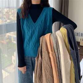 韩版秋冬保暖无袖领针织衫背心马甲少女外穿短宽松马夹坎肩毛衣