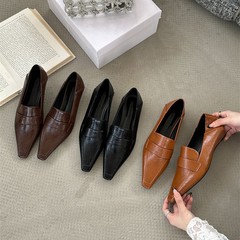 2025年早春季新款复古风方头深口鞋女时尚坡跟棕色单鞋低跟高跟鞋