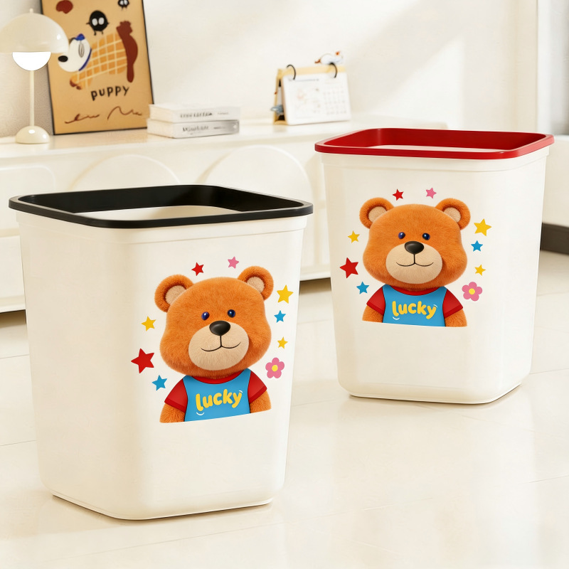 Cartoon Bear Trash Can for Home Use, Large Capacity, with Lid, for Bathroom, Kitchen, Living Room, Creative Storage Bin, Cute and Light Luxury Style