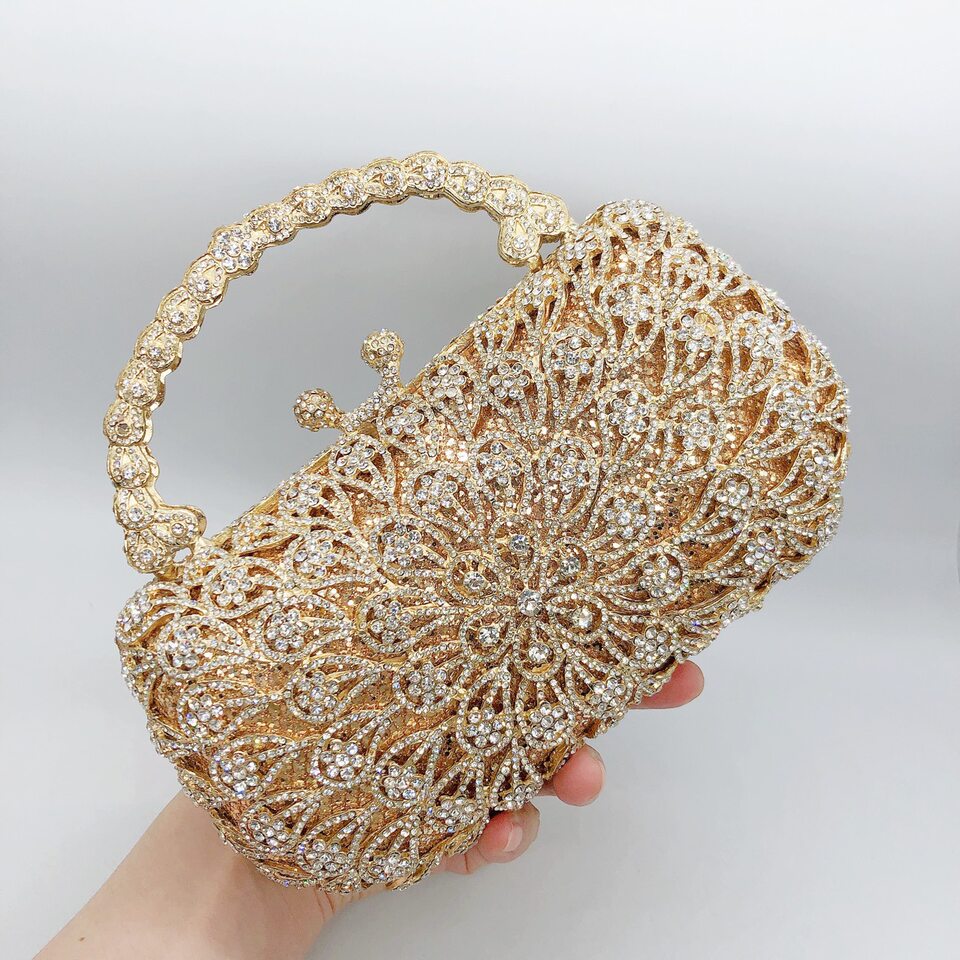 Túi clutch nữ đính kim cương hoa đuôi phượng xách tay dạ tiệc — Nền vàng kim cương trắng, Màu bạc, Cá tính đặt làm