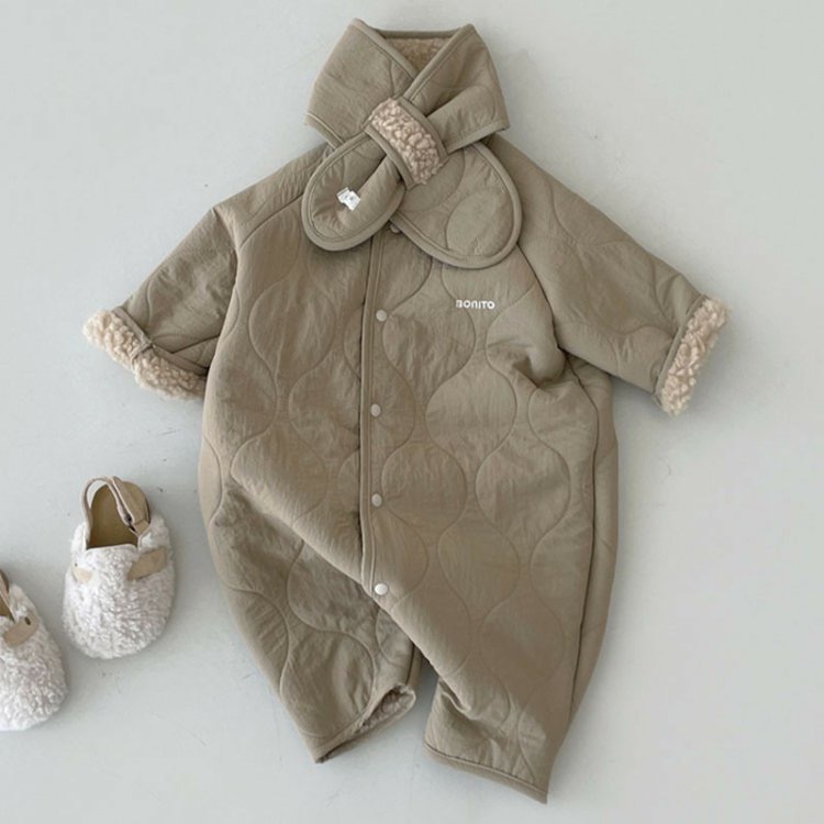 韩版婴儿复古时尚加绒加厚保暖爬服连体衣男女宝宝冬季外出服长爬