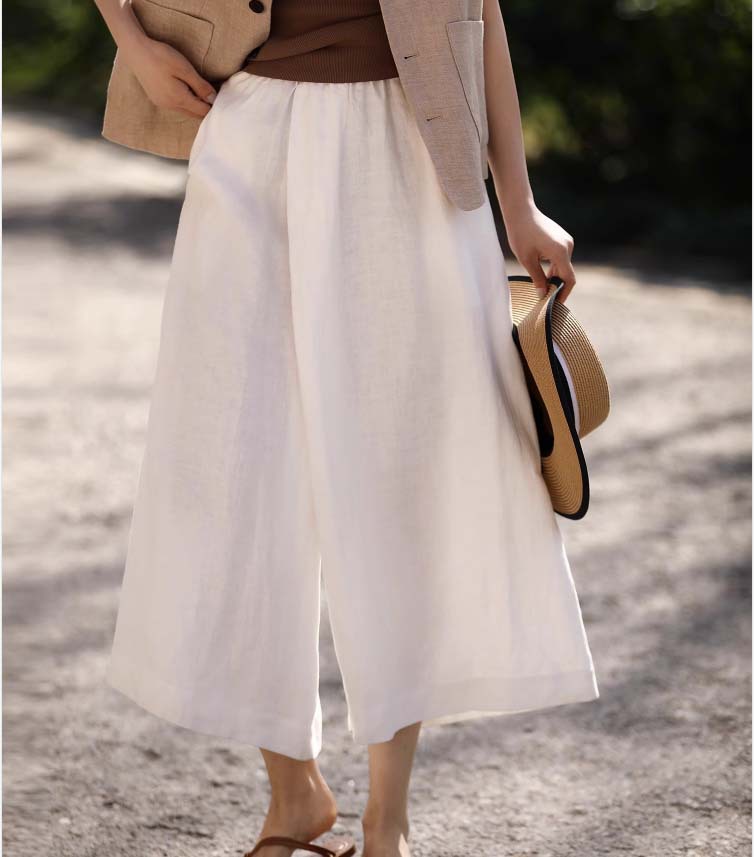 Quần culottes ống rộng vải lanh mỏng mát mùa hè nữ — Trắng sứ trơn, Xanh ngọc bích chi tiết 6