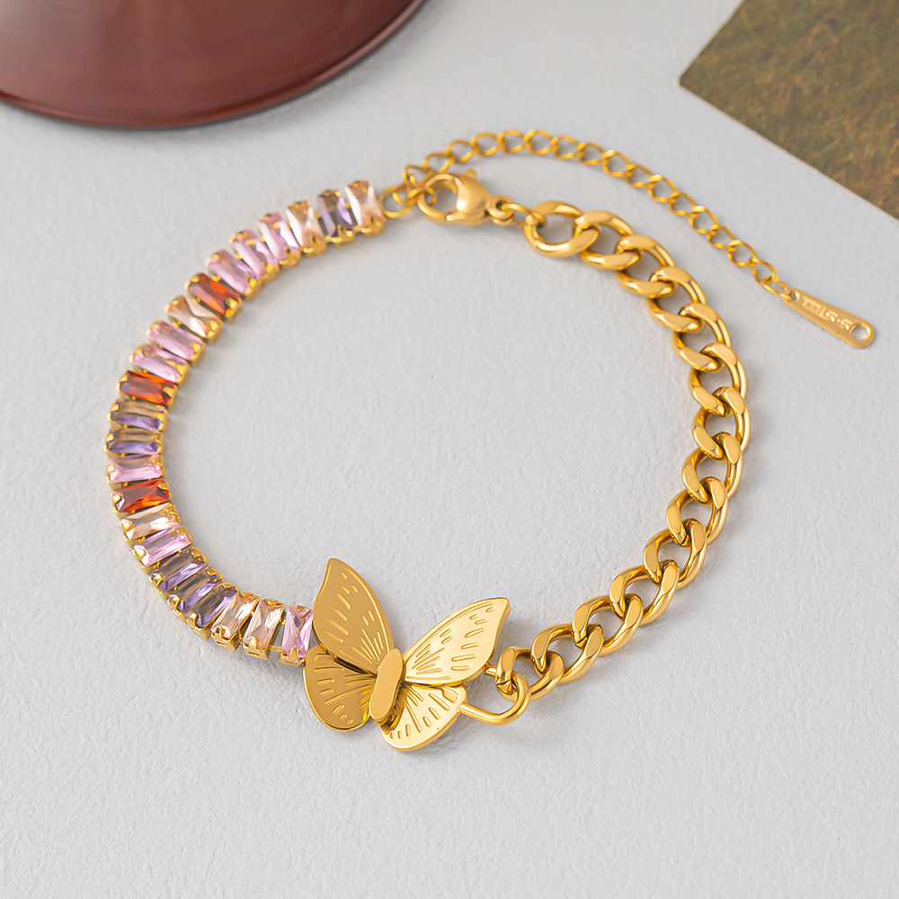 IG Style Butterfly 304 Stainless Steel 18K Gold Plated Artificial Rhinestones Bracelets In Bulk display picture 2