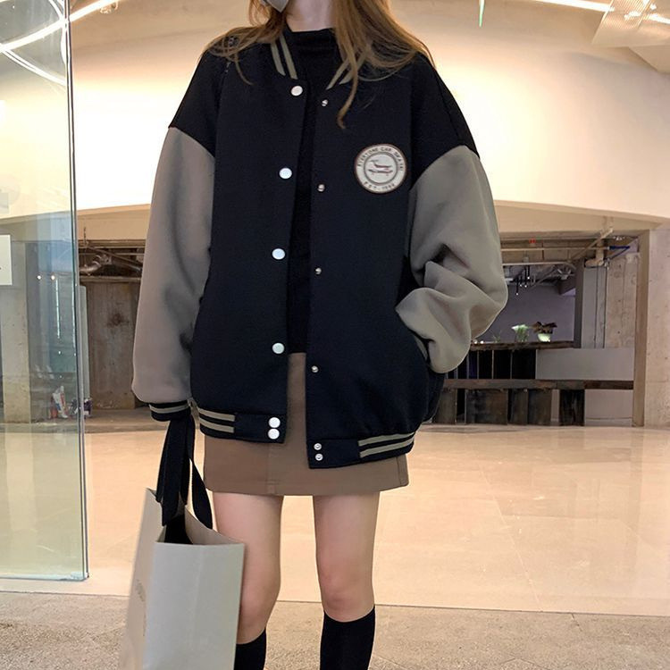 秋季加绒外套女美式复古拼色棒球服2025年新款小个子chic港风夹克|undefined