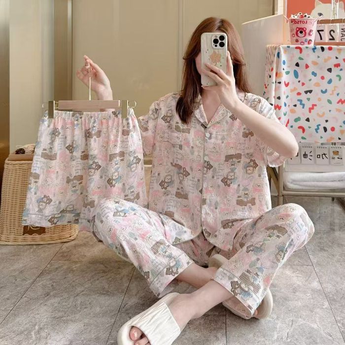Venta al por mayor transfronteriza 120g pijamas de algodón de nube de verano de manga corta para mujer pantalones cortos de algodón de nube de verano de tres piezas servicio a domicilio de dibujos animados
