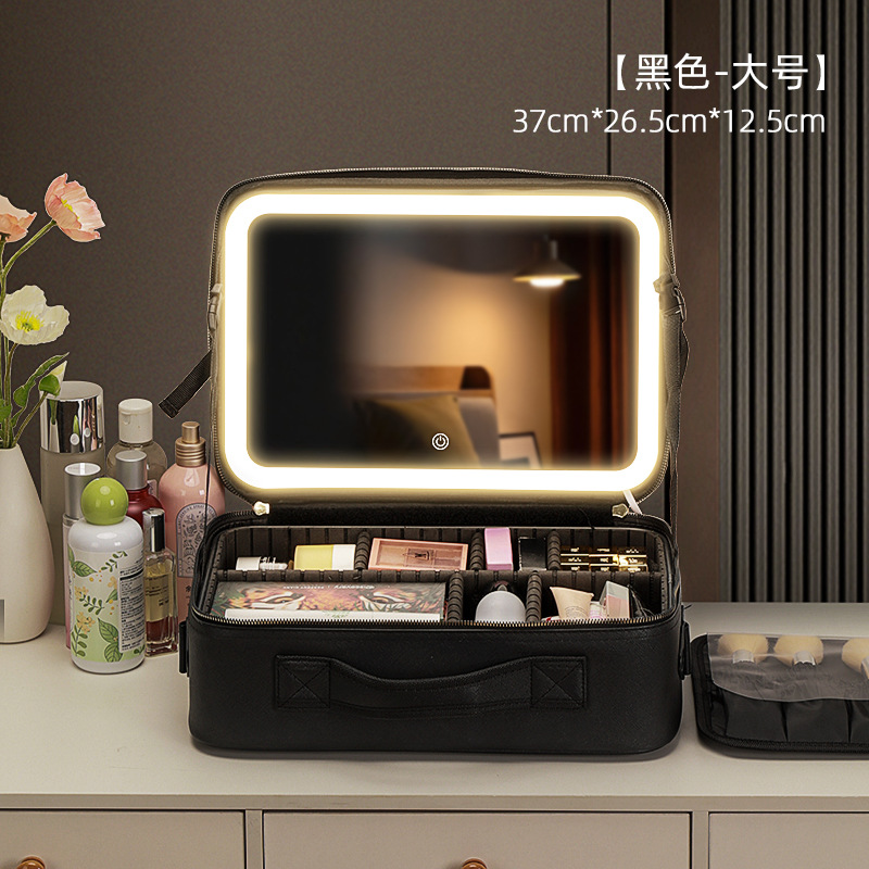 Neceser de maquillaje con luz LED y espejo, portátil, gran capacidad, modelo 2024 profesional.