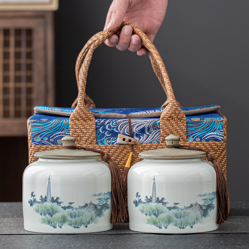 复古布包藤编陶瓷茶叶罐空礼盒通用红茶绿茶包装盒年会伴手礼定