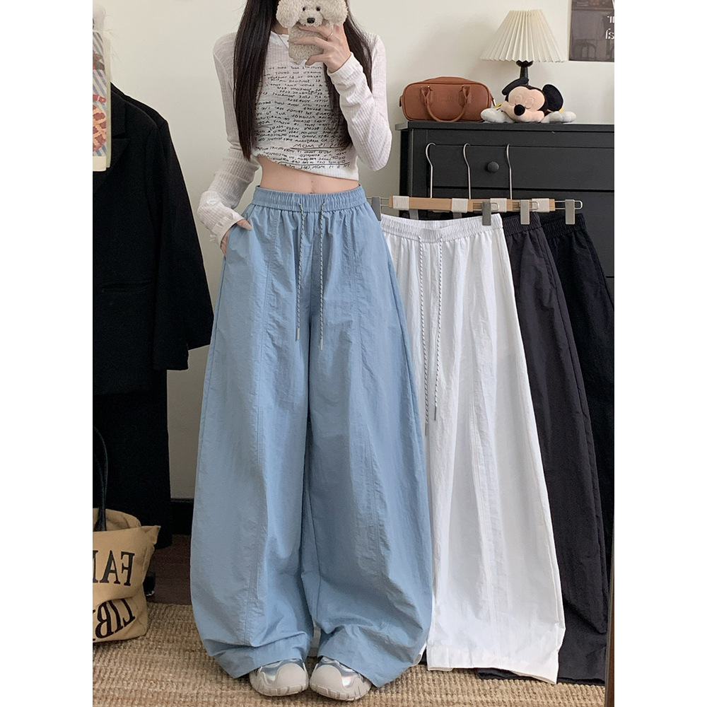 松弛感休闲速干裤女2025夏季新款松紧腰宽松大裤脚遛弯裤阔腿长裤