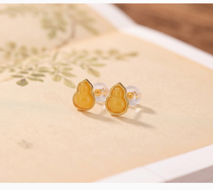 Bông tai bạc S925 đính đá hồ lô mã não mật sáp phong cách Trung Quốc — Mẫu Emerald chi tiết 4
