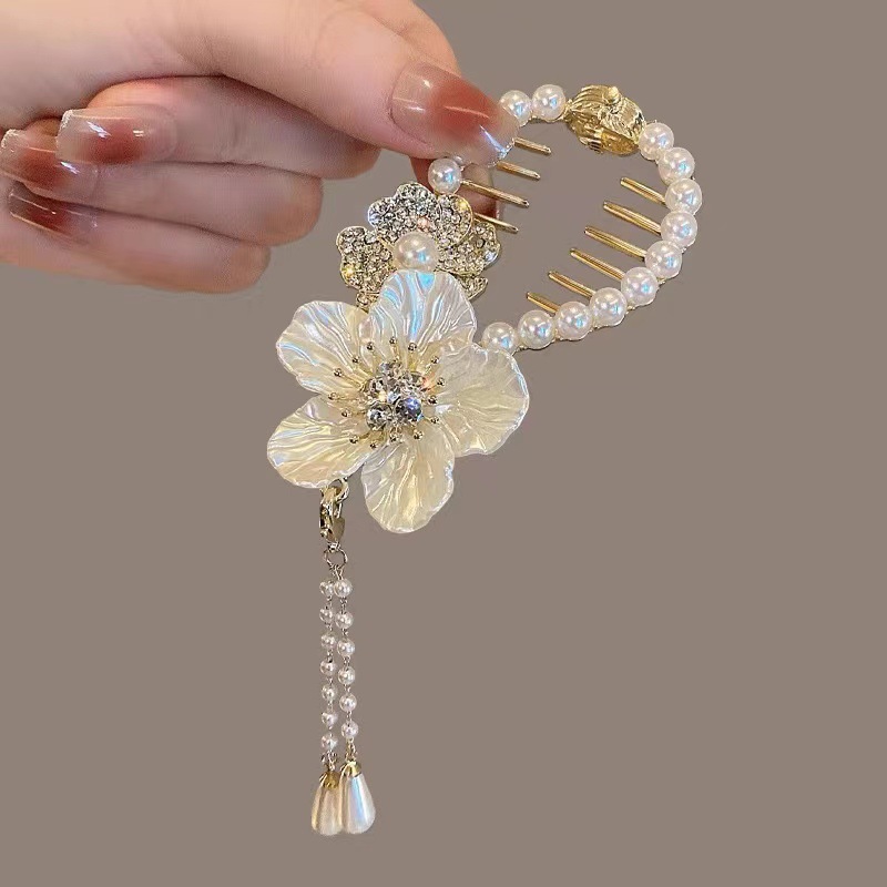 Novo borla pérola strass flor grampo de cabelo para trás cabeça bobina cabelo agarrar clipe premium sentido bola cabeça grampo cabelo acessórios atacado_voghion.com