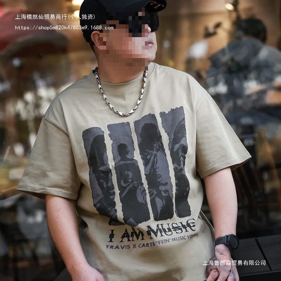 徐大码2025春夏新款简约嘻哈咖色涂鸦音乐宽松半袖恤海鸥灰黑色棉