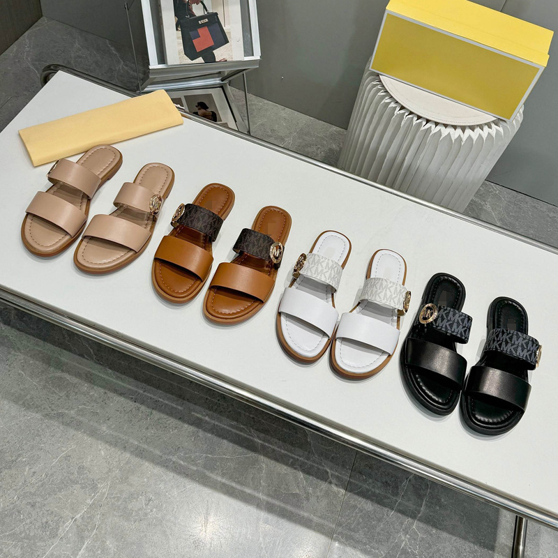Cross-Border European and American Fashion Casual Sandals 2025 New Versatile Metal Letter Flat Slippers Beach Vacation Foreign Trade