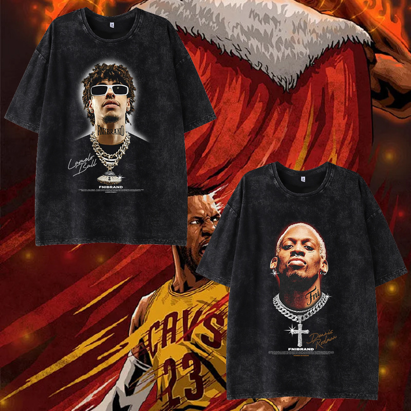 Three-Ball Ball American Retro Distressed Washed Printed Short-Sleeved Loose Casual Spring and Summer Trendyy T-Shirt Top