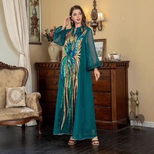 Hot Selling Sattot Middle Eastern Muslim Abaya Dress Mesh V Neck Sequined Arabic Dress Republic