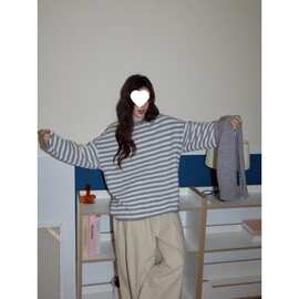 大码300斤胖海军领条纹针织上衣女秋冬宽松慵懒休闲毛衣两件套