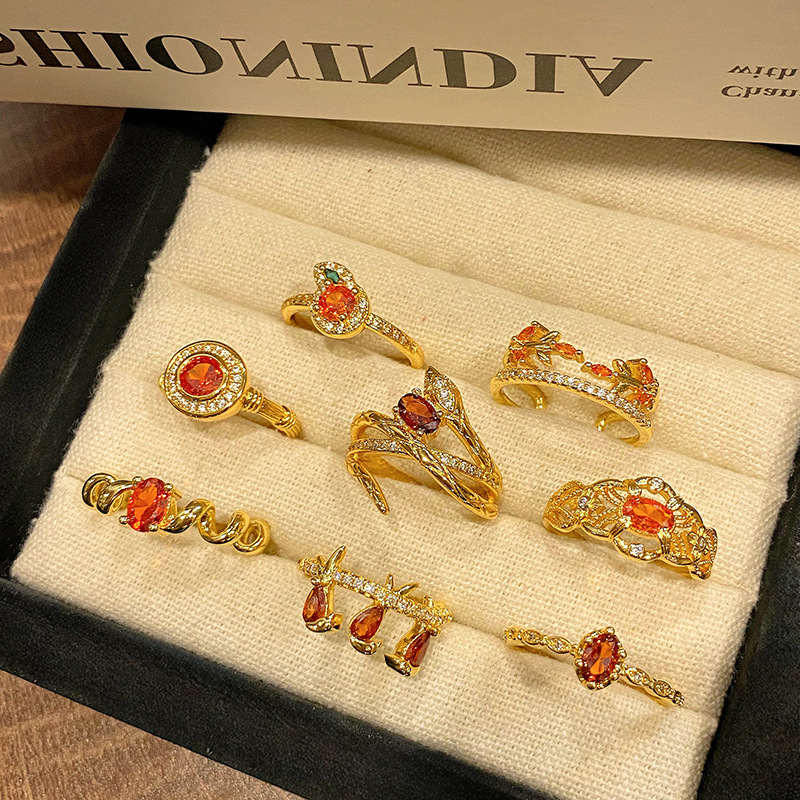 復古法式高級感小眾紅色鑲鑽鋯石開口戒指女甜酷幾何時尚精緻指環