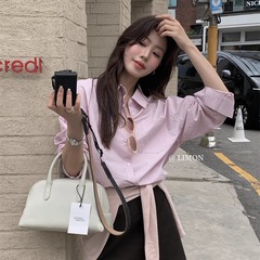 柠檬绿茶2025秋季新款韩版宽松休闲长袖衬衣外套粉色条纹衬衫女