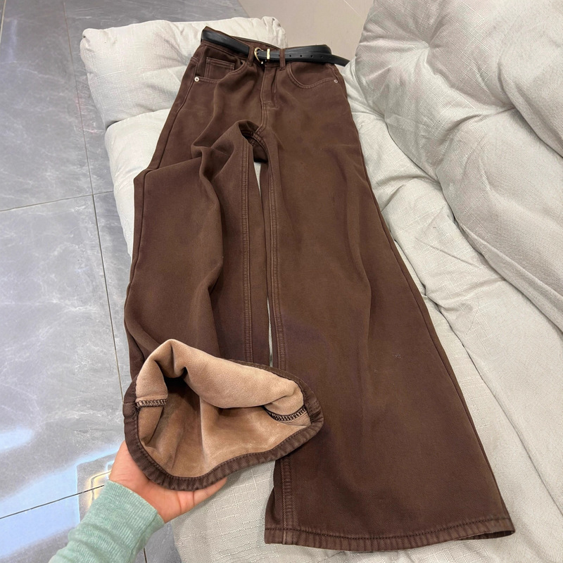Maillard Coffee Brown Pants Fleece-Lined Women's Winter and Autum Straight Fleece-Lined Jeans Women's Thick Loose Straight Pants Women