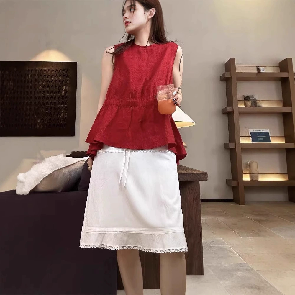 Новая летняя корейская стильная кружевная юбка с завязками на талии и веревкой на талии