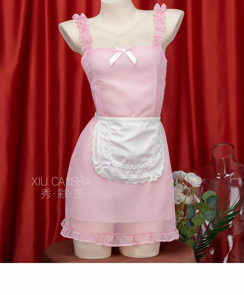 Maid Role-Play Lingerie Set with Deep V-Neck See-Through Camisole Dress, Apron, Panties and Bow Stockings — detail image 27