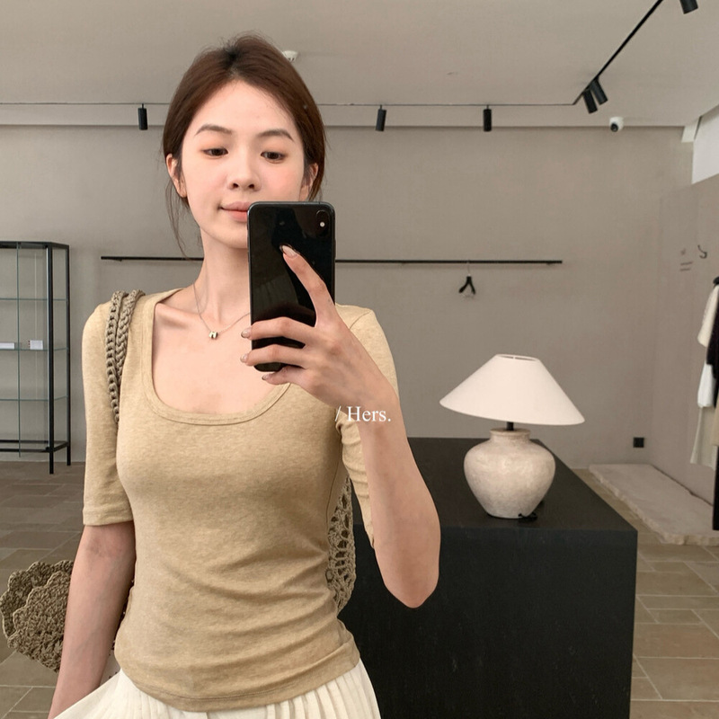 Hers Sweet Summer Basic Style Everyday Commuting Elegant Versatile Slim Fit U-Neck Mid-Sleeve T-Shirt 80783 Hers Sweet Summer Basic Style Everyday Commuting Elegant Versatile Slim Fit U-Neck Mid-Sleeve T-Shirt 80783