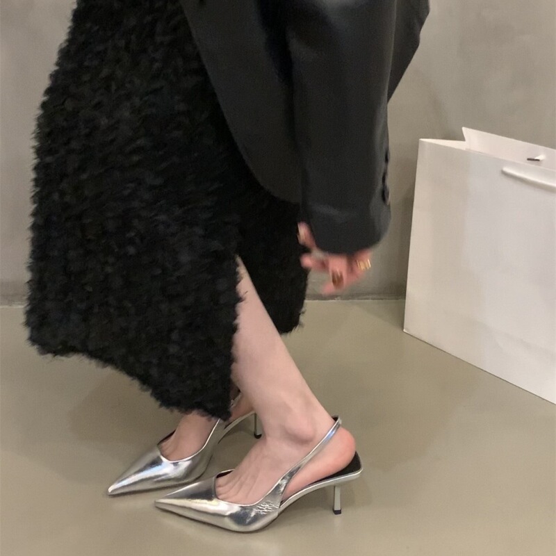 silver High Heels Pointed Toe Temperament Baotou Sandals Fairy Shoes 2025 New Spring and Summer French Hole Shoes