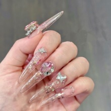 纯手工美甲穿戴甲冰透闪粉樱禾亮片蝴蝶美甲指甲贴假指甲显白可拆