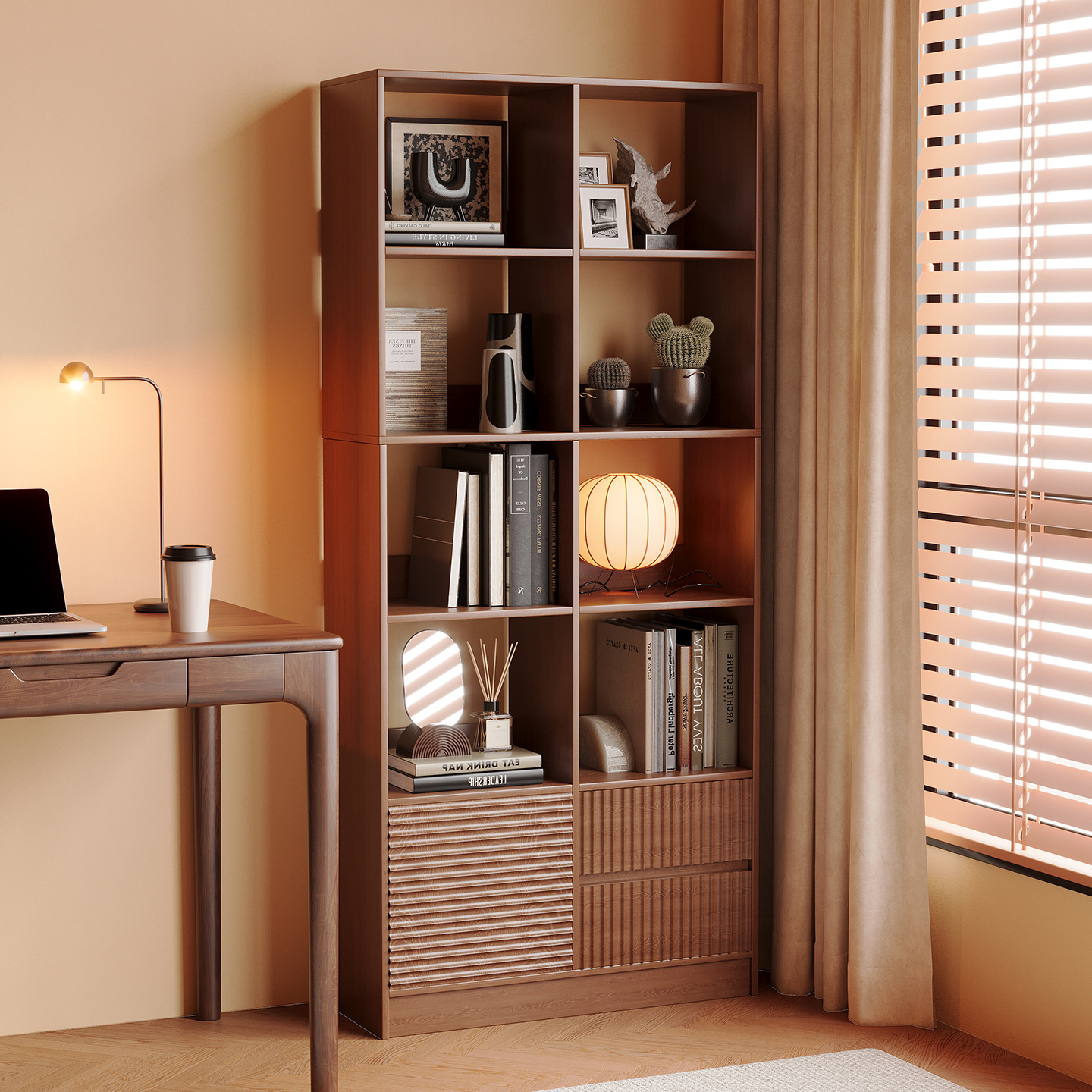 Mingzheng Furniture Factory Solid Wood Bookshelf Floor-Standing Storage Rack Integrated Wall-Mounted Household Grid Cabinet Corner Cabinet Student Simple