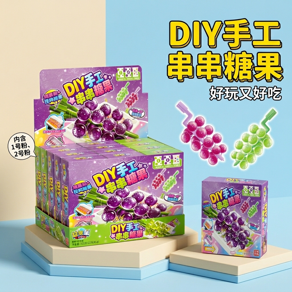 网红DIY串串青提葡萄造型软糖盒装儿童手工diy串串糖果糖玩批发