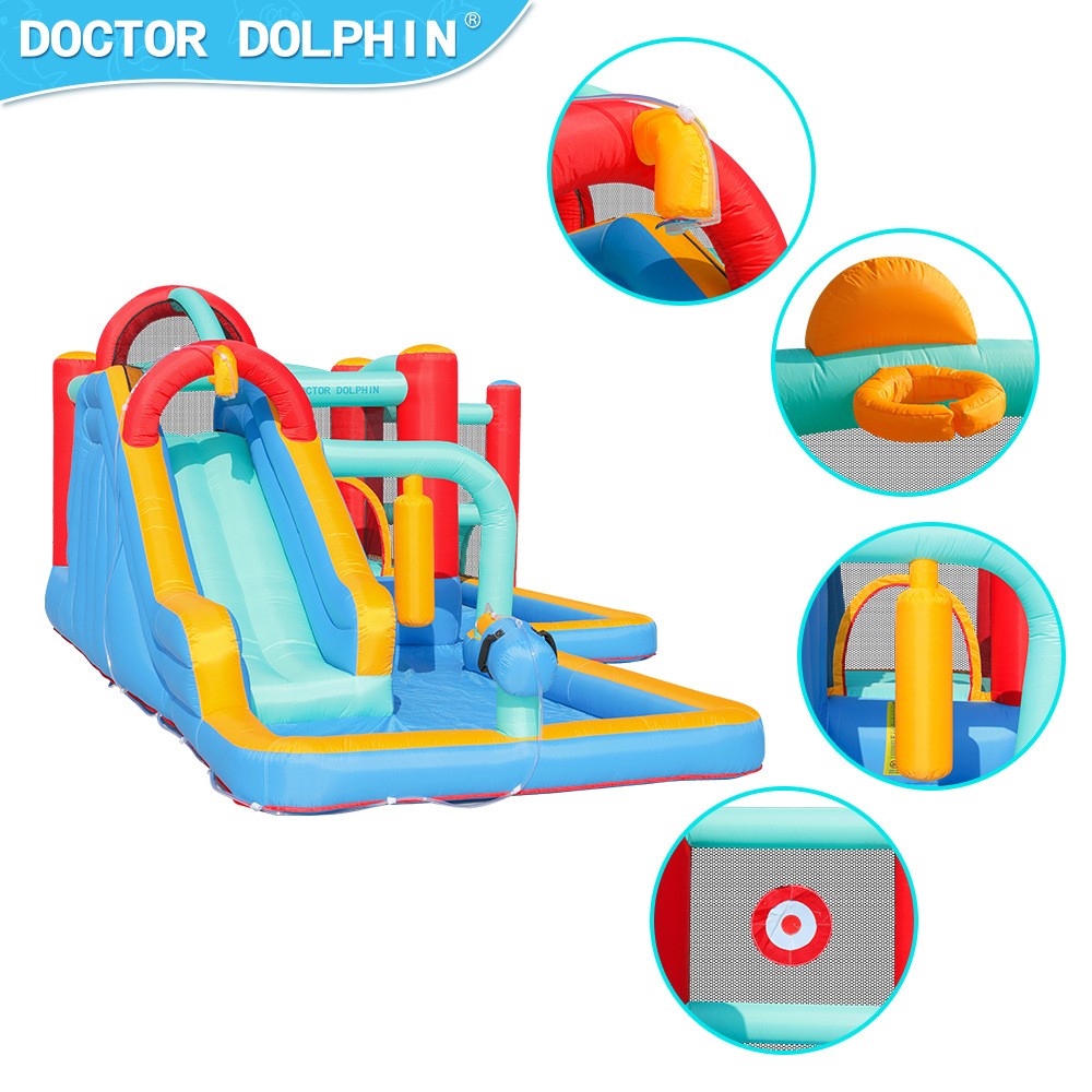 Doctor Delfín | Castillo inflable para exteriores, pequeño castillo con rociador de agua para niños, trampolín inflable doméstico y tobogán combinados, antideslizante