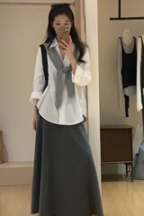 韩系休闲套装宽松长袖翻领衬衫女秋季高腰修身半身裙A字裙两件套