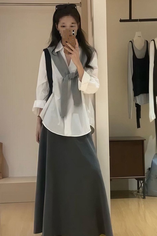 韩系休闲套装宽松长袖翻领衬衫女秋季高腰修身半身裙A字裙两件套|undefined