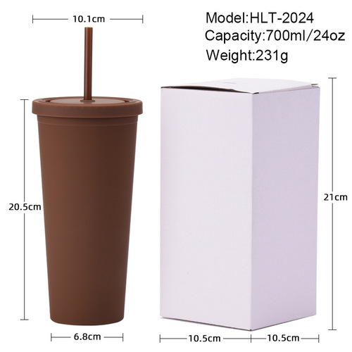 Cross-border direct supply double-layer plastic straw cup customized simple 24OZ large capacity water cup frosted cup
