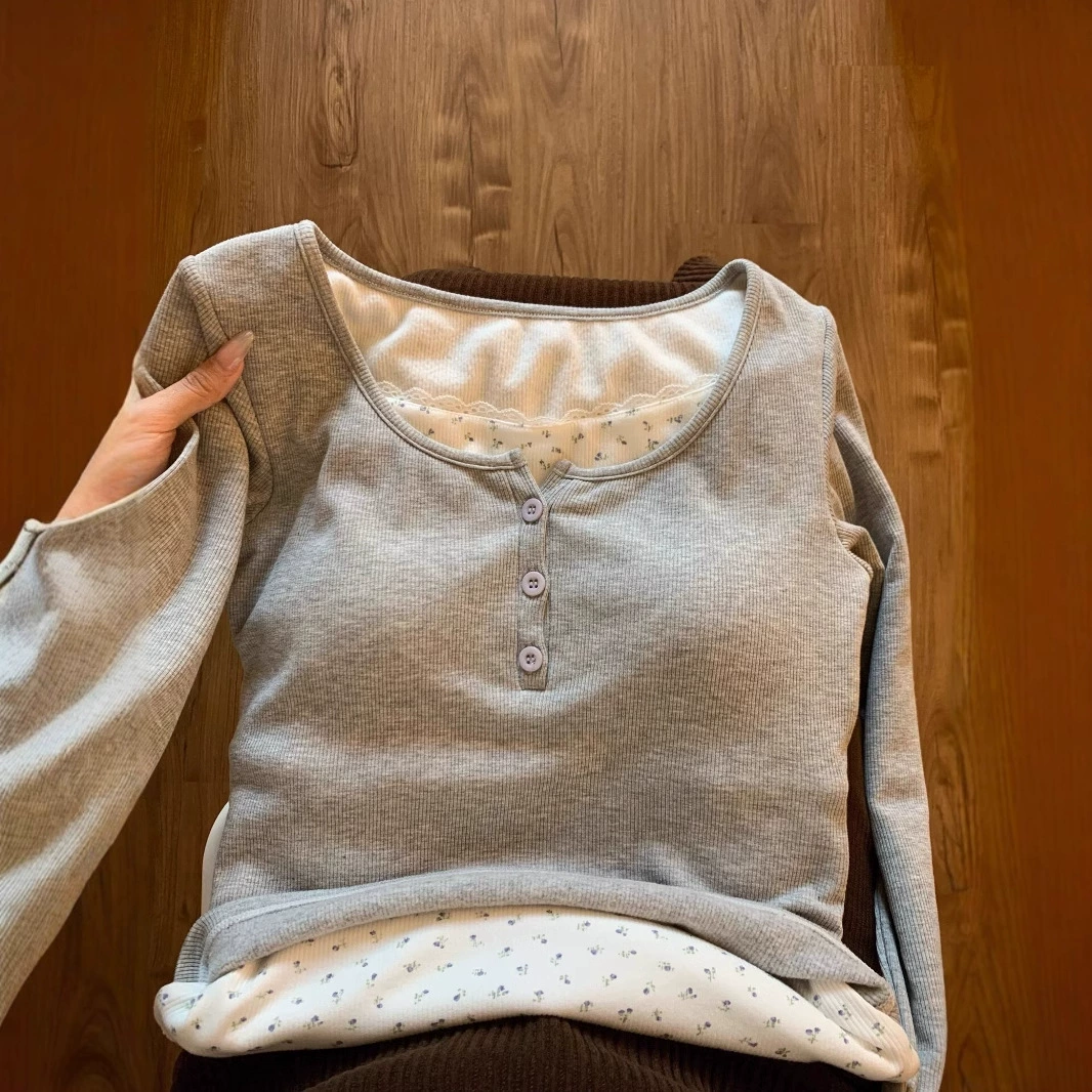 Серая цветочная футболка женская осень-зима поддельная две рубашки высокого уровня