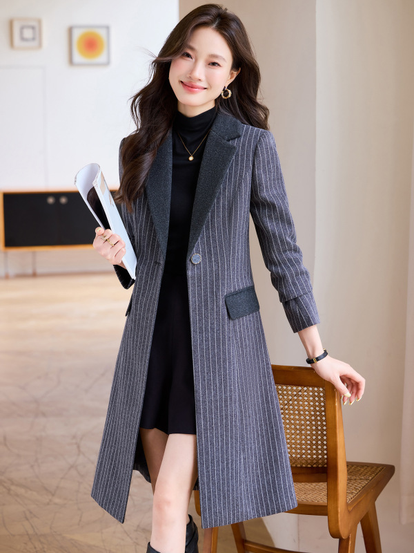 长款西装风衣外套女秋冬季25新款高级感厚款色职业休闲条纹大衣|undefined