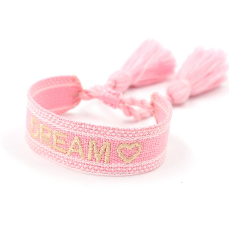 handmade woven bracelet, polyester, embroidered letters with tassels, adjustable (love)