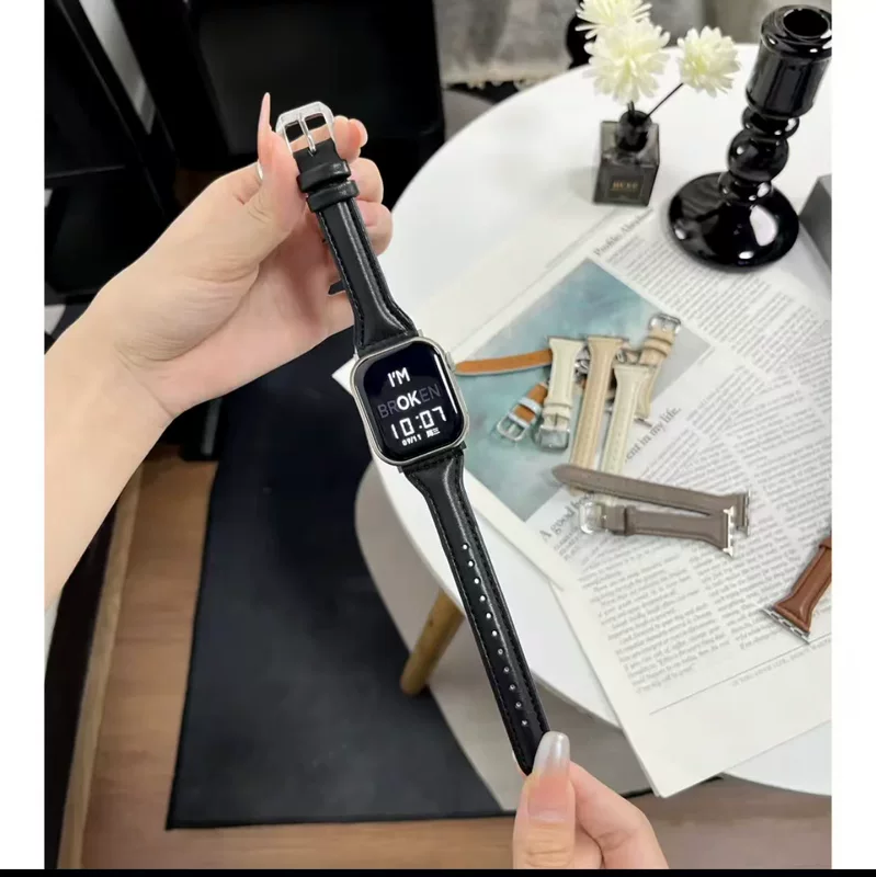 Подходящий ремешок из телячьей кожи для запястья iWatch8 Apple Watch Write Wire Botes SE5/6/7/8/9 поколения Xiaoman талия custard calf leather ремешок