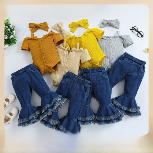 Women's Summer Outfit Set, Newborn Baby Bodysuit with Denim Bell Bottom Pants, Two-Piece Summer Set for Kids