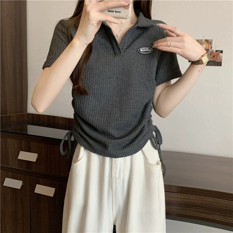 Large size American front shoulder polo neck short sleeved t-shirt for women 2024 new summer chubby mm top design_voghion.com