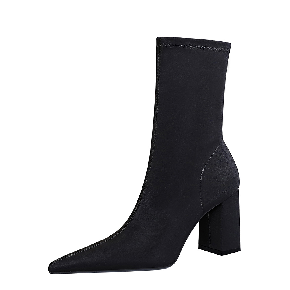 6838-3 European And American Style Simple Chunky Heel High-heeled Pointed Toe Elastic Lycra Satin Slimming Sexy Short_vogvips.com