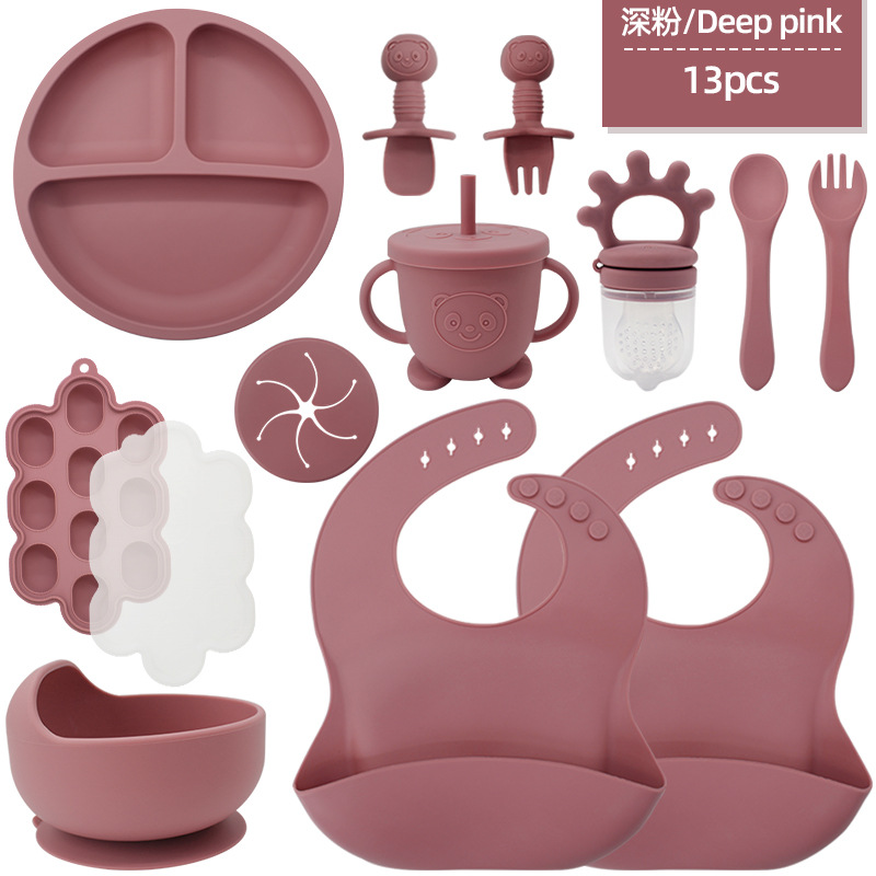 Juego de vajilla de silicona para niños transfronterizos Tazón de comida especial para bebés y niños pequeños Cuchara de silicona de grado alimenticio Juego completo de babero