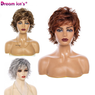 Cross-border European and American new fashion short curly hair brown red chemical fiber mechanism wig women's headgear short hair wig