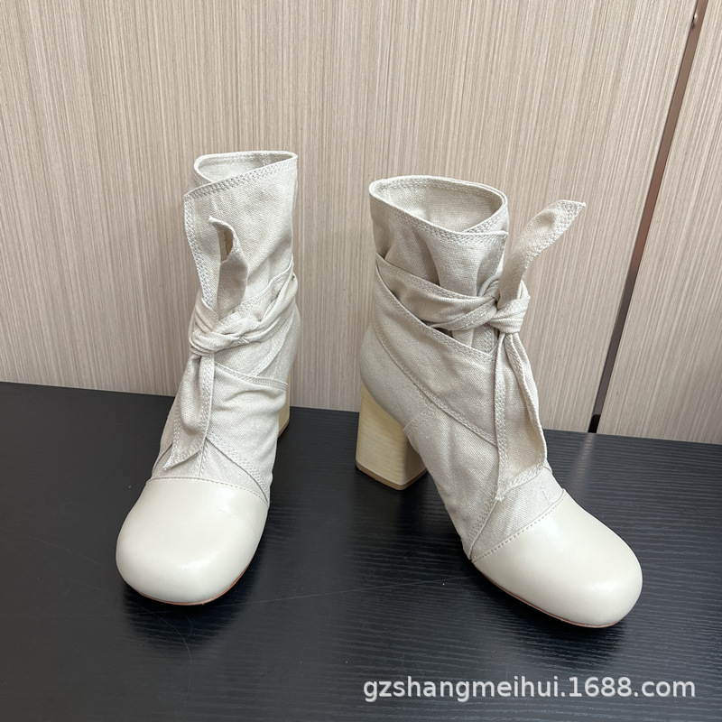 高品质2025早秋新款小众系LEMA粗高跟蝴蝶结短靴女帆布拼羊皮女靴