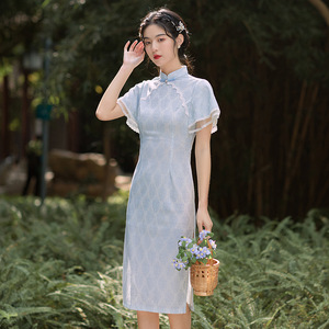 Small sweet wind system fairy bud silk qipao  fall big sleeve of wind restoring ancient ways is the daily show thin skirt