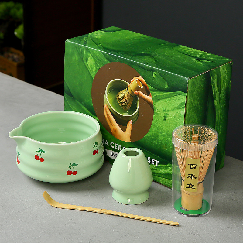 跨境抹茶碗套装樱桃蝴蝶结心形图案花纸陶瓷百本立茶筅点茶系列|undefined