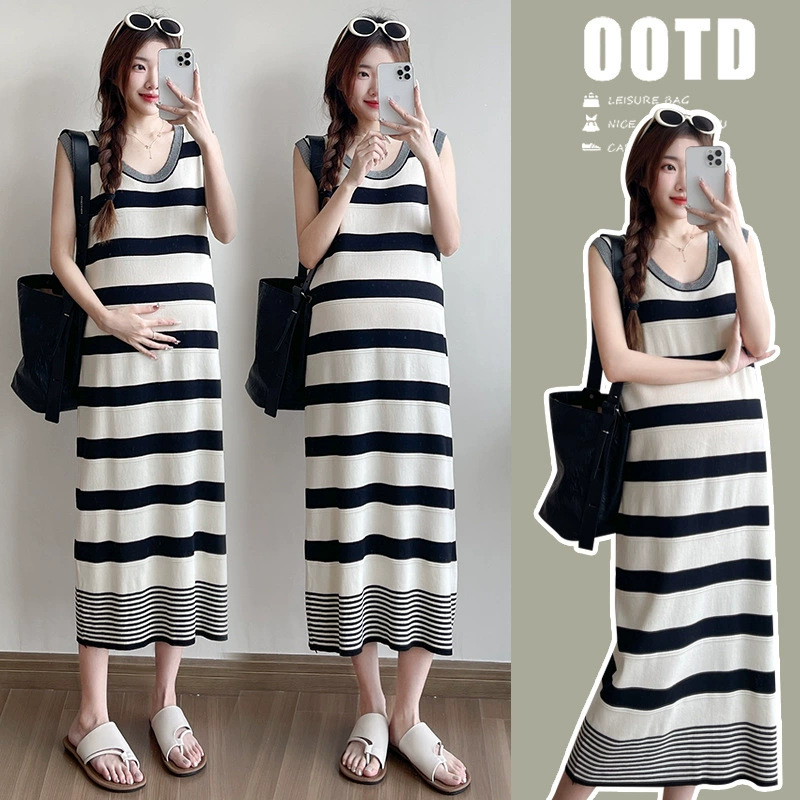 2024 новые корейские летние вязаные свободные платья для беременных с круглым вырезом в полоску длинные платья материнства кормления