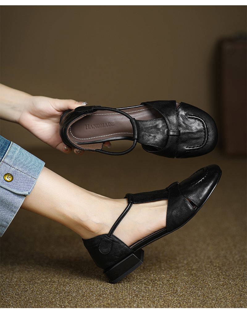 Dép sandal nữ da bò kiểu retro quai chữ T, mũi kín, gót thấp — màu nâu chi tiết 5