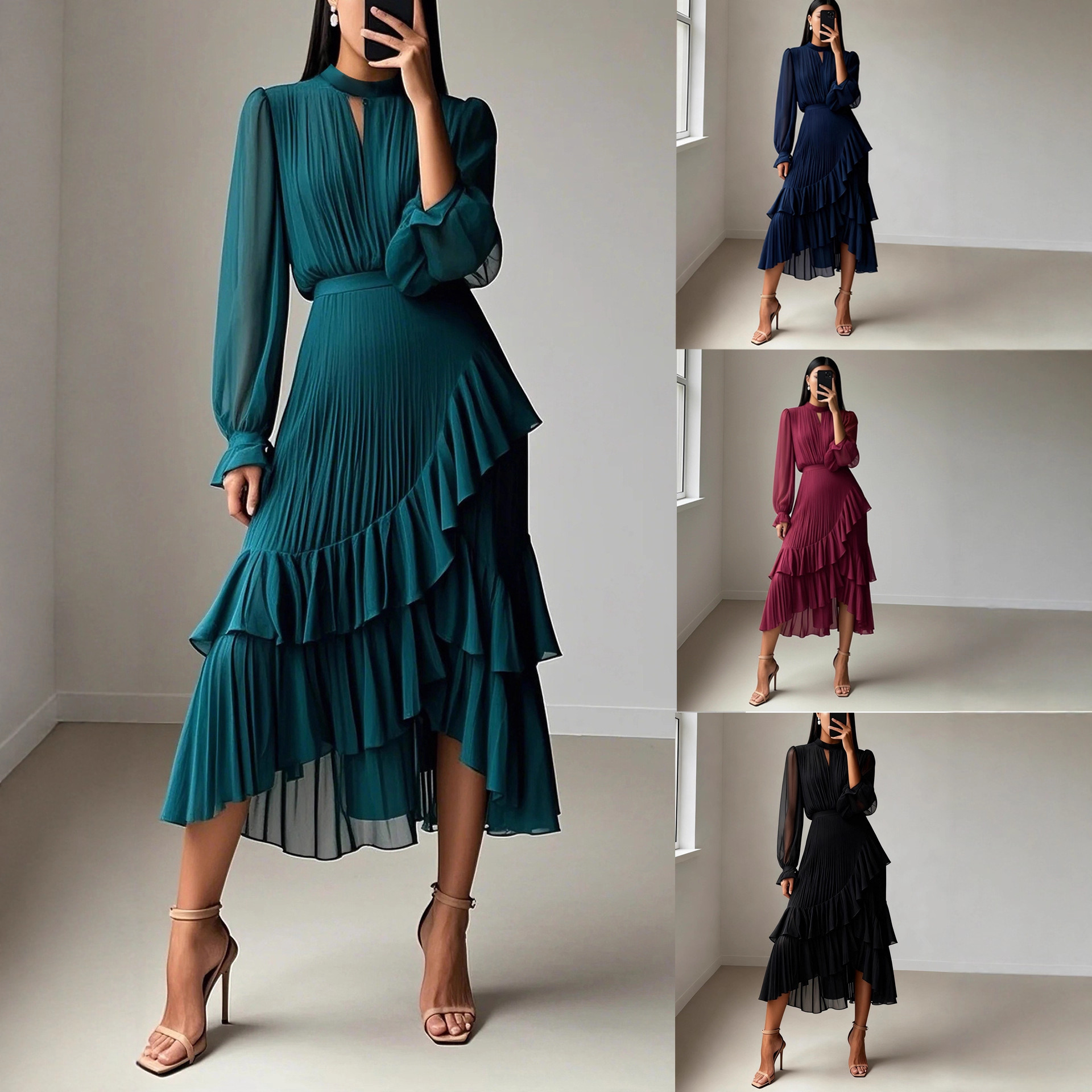 2025 European and American Cross-Border New Solid Color Dress Middle East Foreign Trade Ruffled Pleated Dress Mid-Length Skirt Amazon